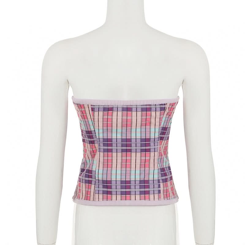 Coquette Plaid Sweetheart Bustier Top with Lace Trim - Y2K Inspired Fall Fashion