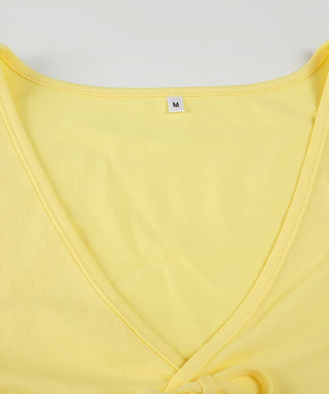 Sunny Charm Bow Tie V-Neck Cap Sleeve Top - Bright Yellow Fall Layering Essential