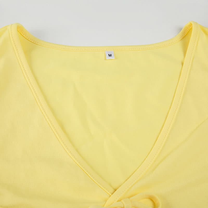 Sunny Charm Bow Tie V-Neck Cap Sleeve Top - Bright Yellow Fall Layering Essential