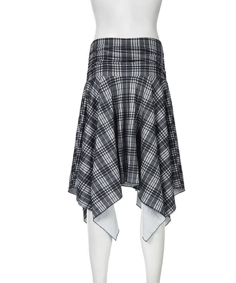 Elevated Autumn Plaid Ruched Handkerchief Hem Midi Skirt