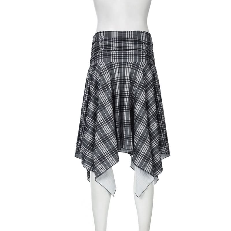 Elevated Autumn Plaid Ruched Handkerchief Hem Midi Skirt