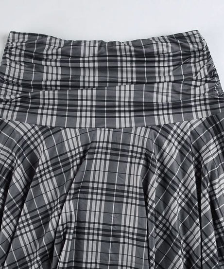 Elevated Autumn Plaid Ruched Handkerchief Hem Midi Skirt