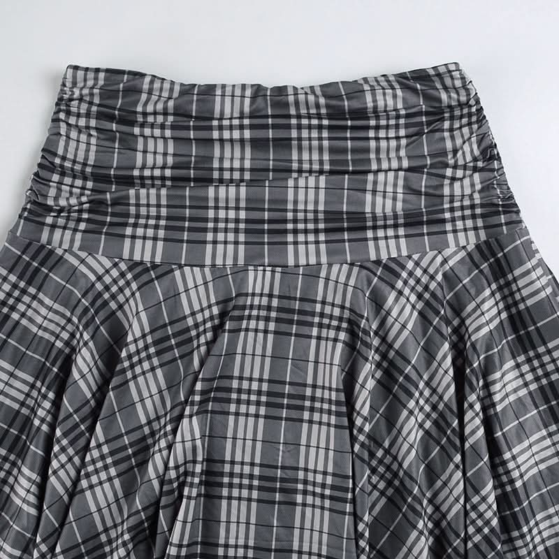 Elevated Autumn Plaid Ruched Handkerchief Hem Midi Skirt