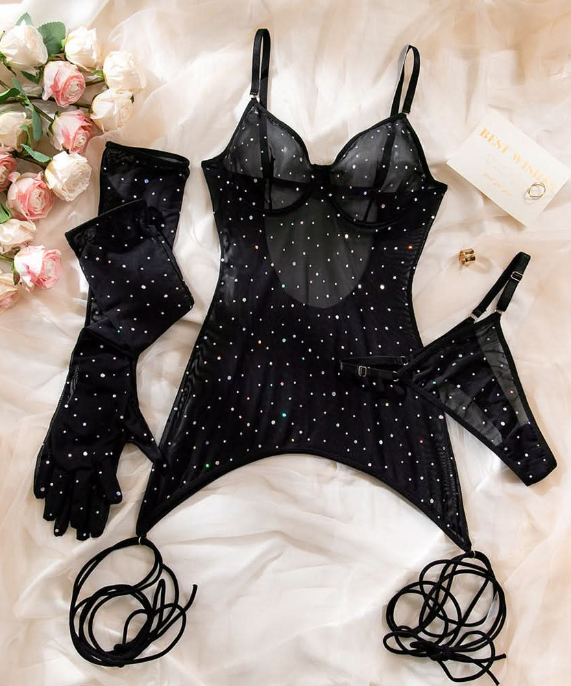 Dazzling Black Sparkle Sheer Mini Dress with Long Gloves - Ultimate Halloween & Fall Party Statement