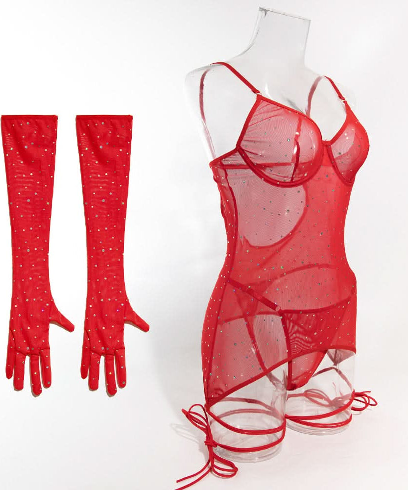 Dazzling Black Sparkle Sheer Mini Dress with Long Gloves - Ultimate Halloween & Fall Party Statement