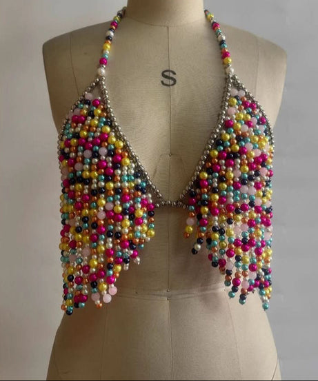 Dripping Rainbow Pearl Halter Top - Halloween & Holiday Party Glam Crop