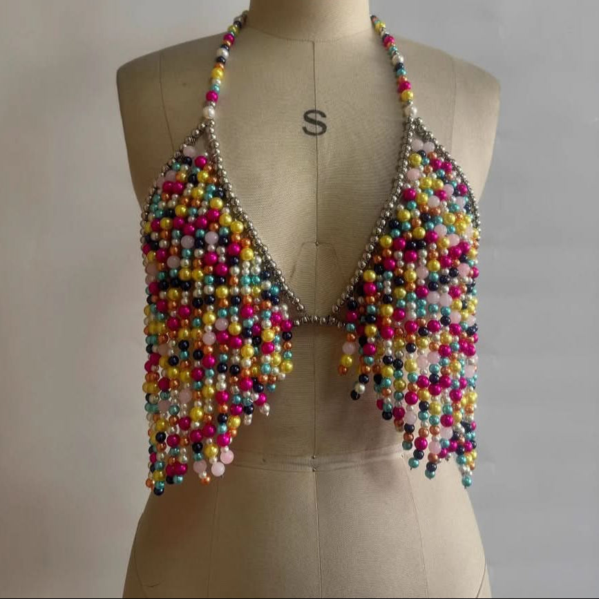 Dripping Rainbow Pearl Halter Top - Halloween & Holiday Party Glam Crop