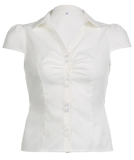 Elegant White Ruched Button-Down Blouse - Flattering Fall & Office Essential for Women