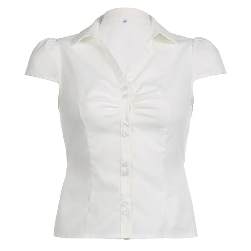 Elegant White Ruched Button-Down Blouse - Flattering Fall & Office Essential for Women