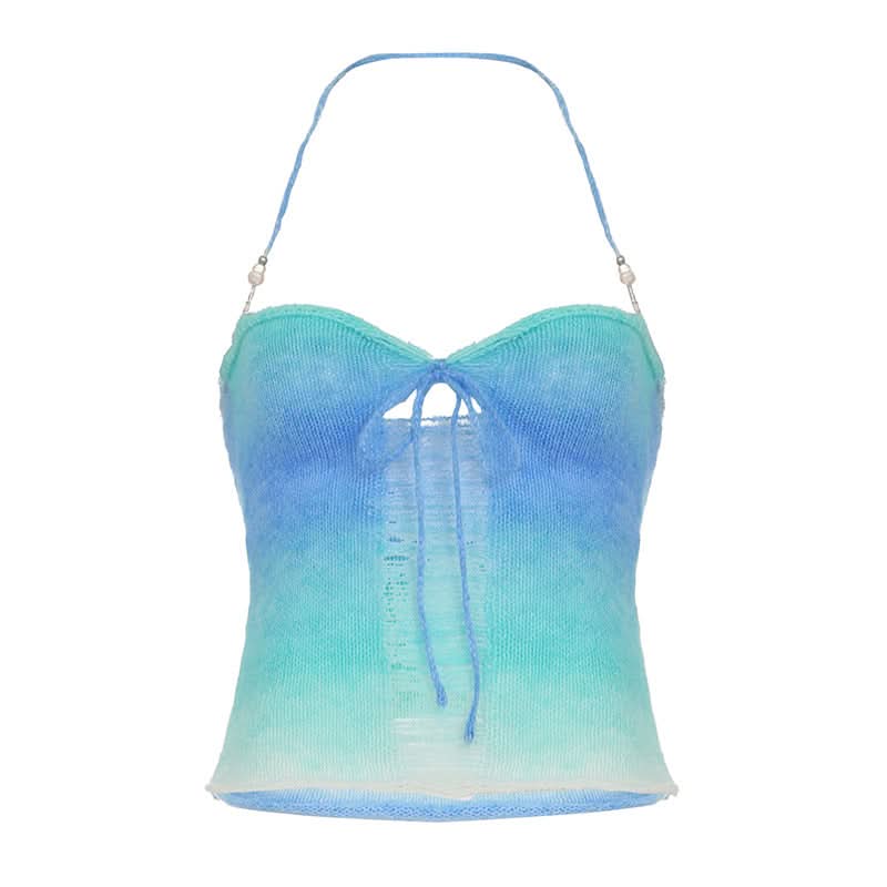 Coastal Ombre Knit Halter Top | Sweetheart Tie-Front & Pearl Details