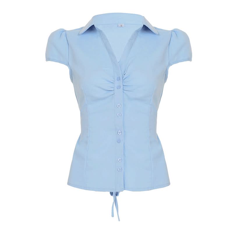 Elegant White Ruched Button-Down Blouse - Flattering Fall & Office Essential for Women