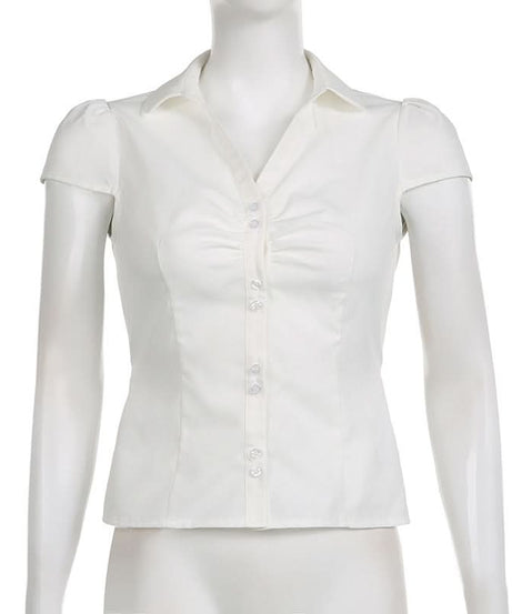 Elegant White Ruched Button-Down Blouse - Flattering Fall & Office Essential for Women