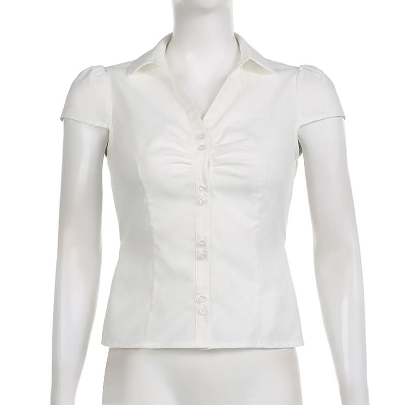 Elegant White Ruched Button-Down Blouse - Flattering Fall & Office Essential for Women