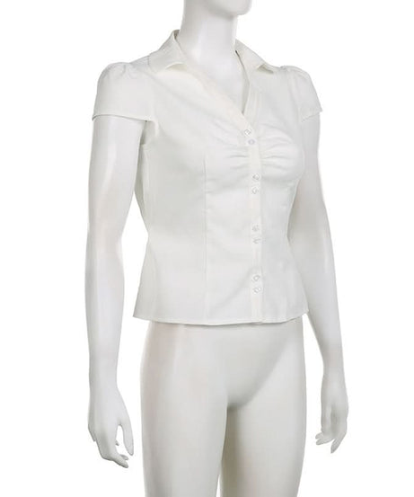 Elegant White Ruched Button-Down Blouse - Flattering Fall & Office Essential for Women