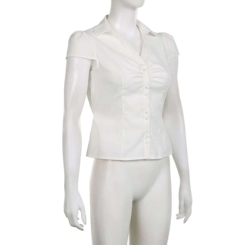 Elegant White Ruched Button-Down Blouse - Flattering Fall & Office Essential for Women