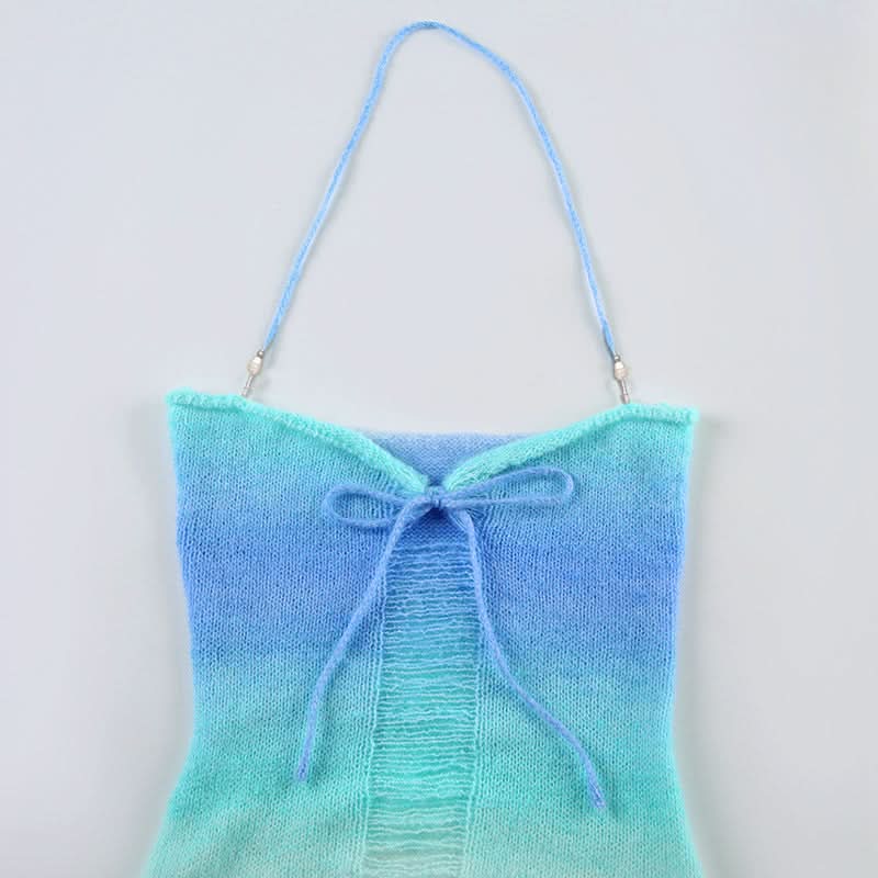 Coastal Ombre Knit Halter Top | Sweetheart Tie-Front & Pearl Details