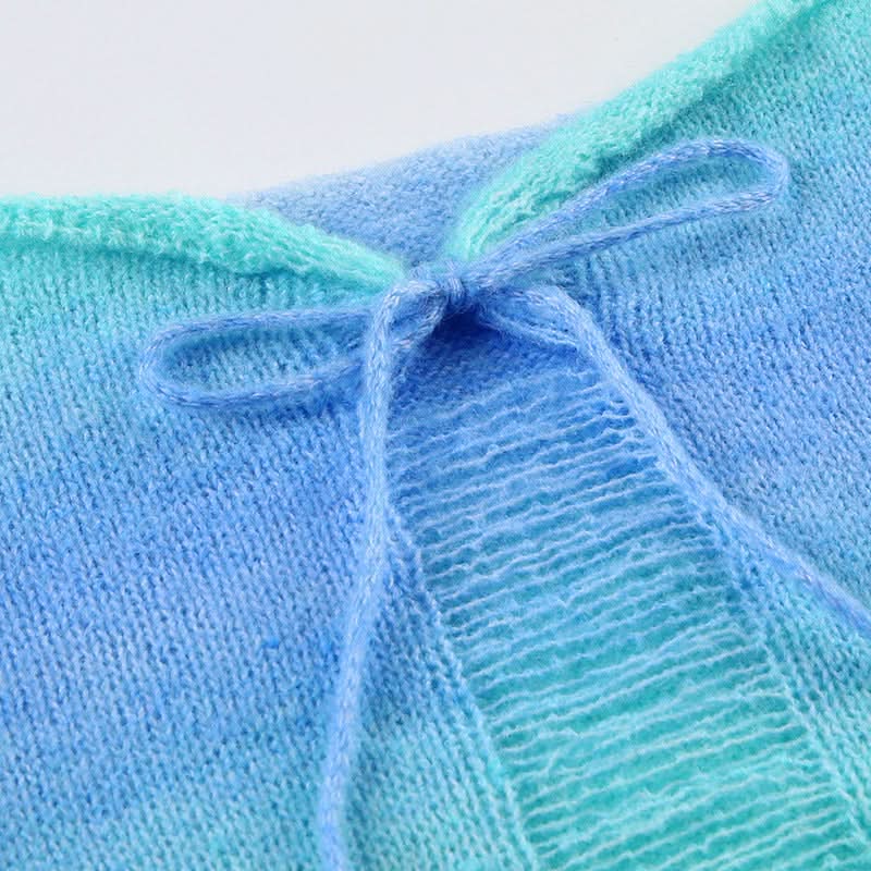 Coastal Ombre Knit Halter Top | Sweetheart Tie-Front & Pearl Details