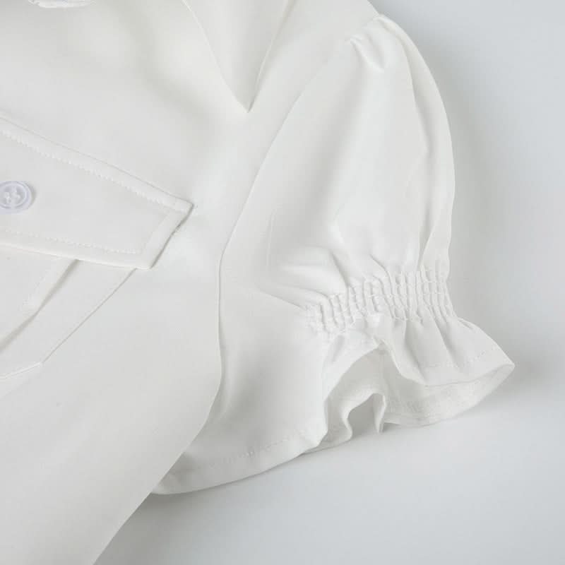 Elegant White Ruched Button-Down Blouse - Flattering Fall & Office Essential for Women