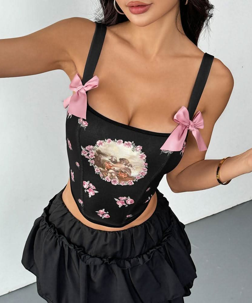 Heavenly Cherub Rose Corset Crop Top | Coquette Bow Shoulder Fall Fashion Statement