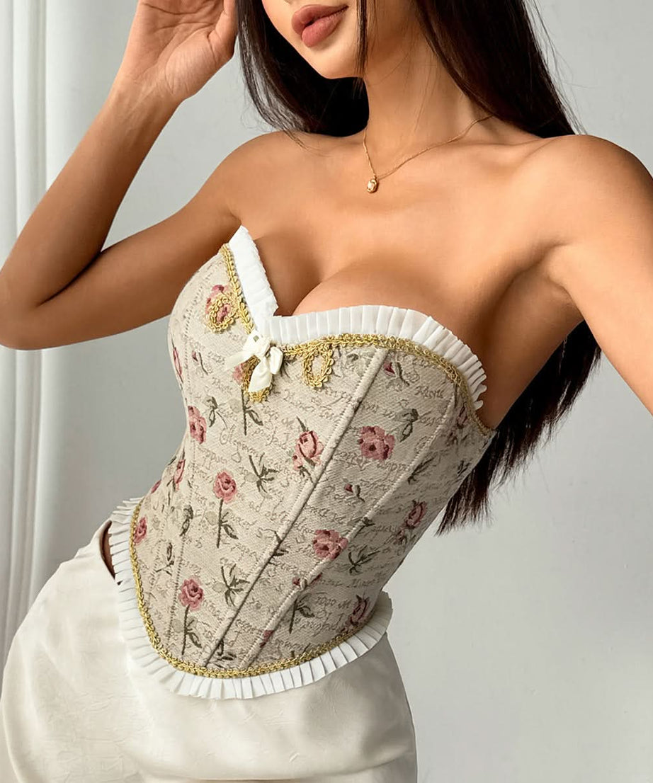 Vintage Rose Floral Sweetheart Corset Bustier Top - Fall Romance & Holiday Chic