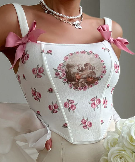Heavenly Cherub Rose Corset Crop Top | Coquette Bow Shoulder Fall Fashion Statement