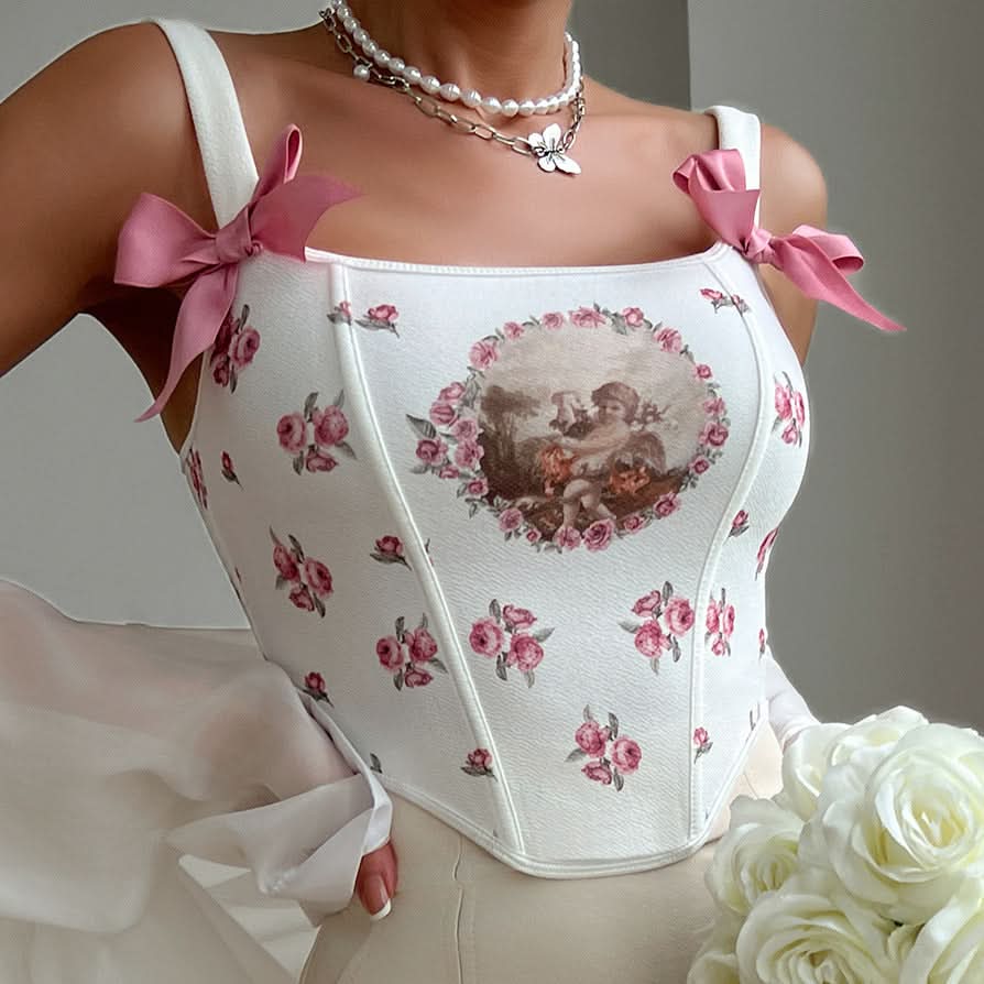 Heavenly Cherub Rose Corset Crop Top | Coquette Bow Shoulder Fall Fashion Statement