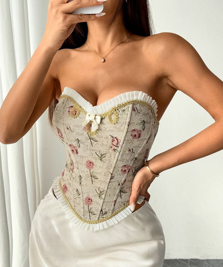 Vintage Rose Floral Sweetheart Corset Bustier Top - Fall Romance & Holiday Chic