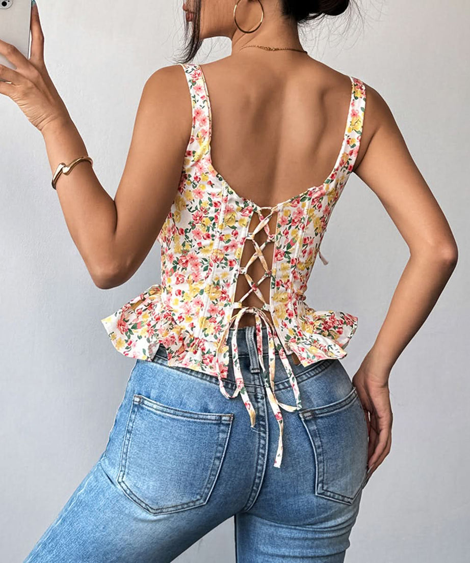 Effortless Chic Sweetheart Floral Peplum Cami Top - Adjustable Tie-Shoulder Style