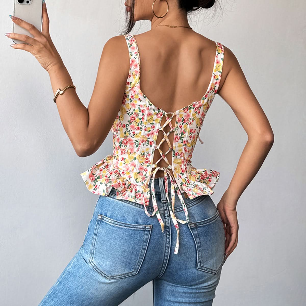 Effortless Chic Sweetheart Floral Peplum Cami Top - Adjustable Tie-Shoulder Style