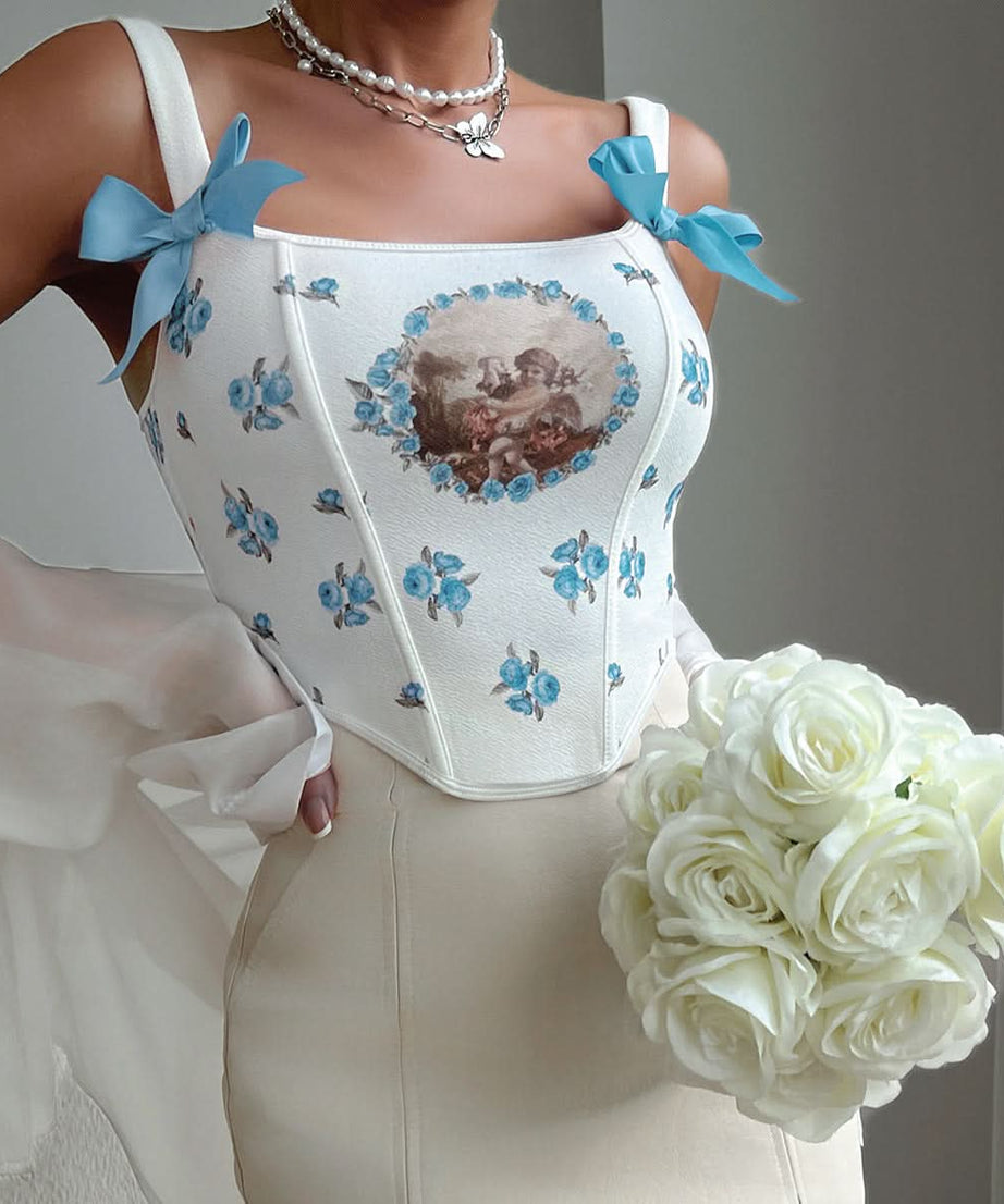 Heavenly Cherub Rose Corset Crop Top | Coquette Bow Shoulder Fall Fashion Statement