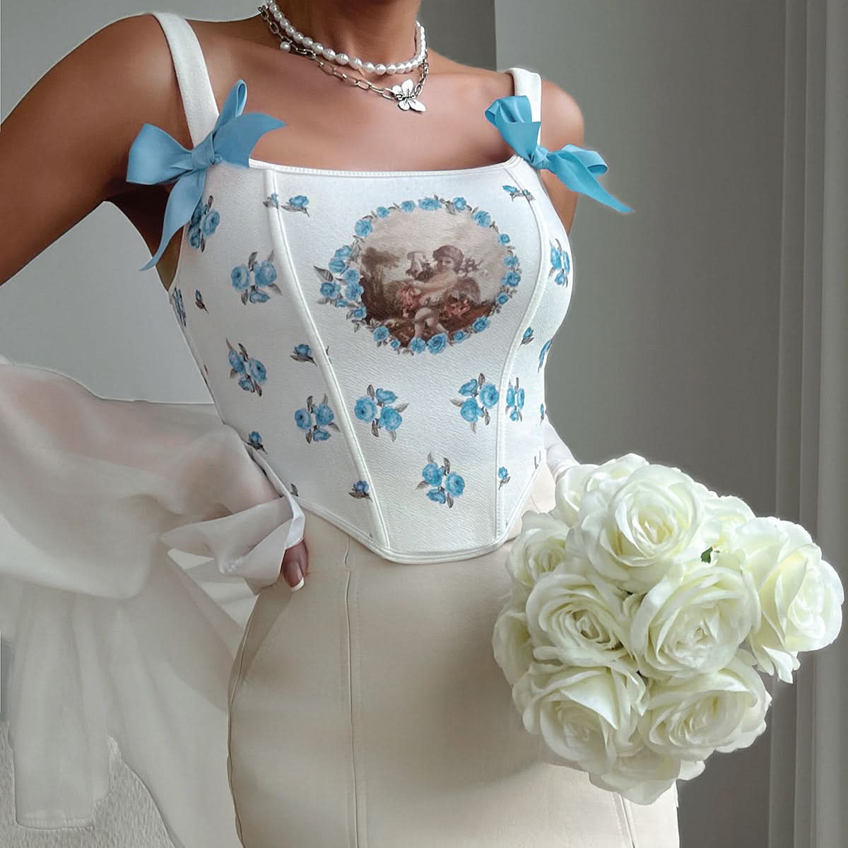 Heavenly Cherub Rose Corset Crop Top | Coquette Bow Shoulder Fall Fashion Statement