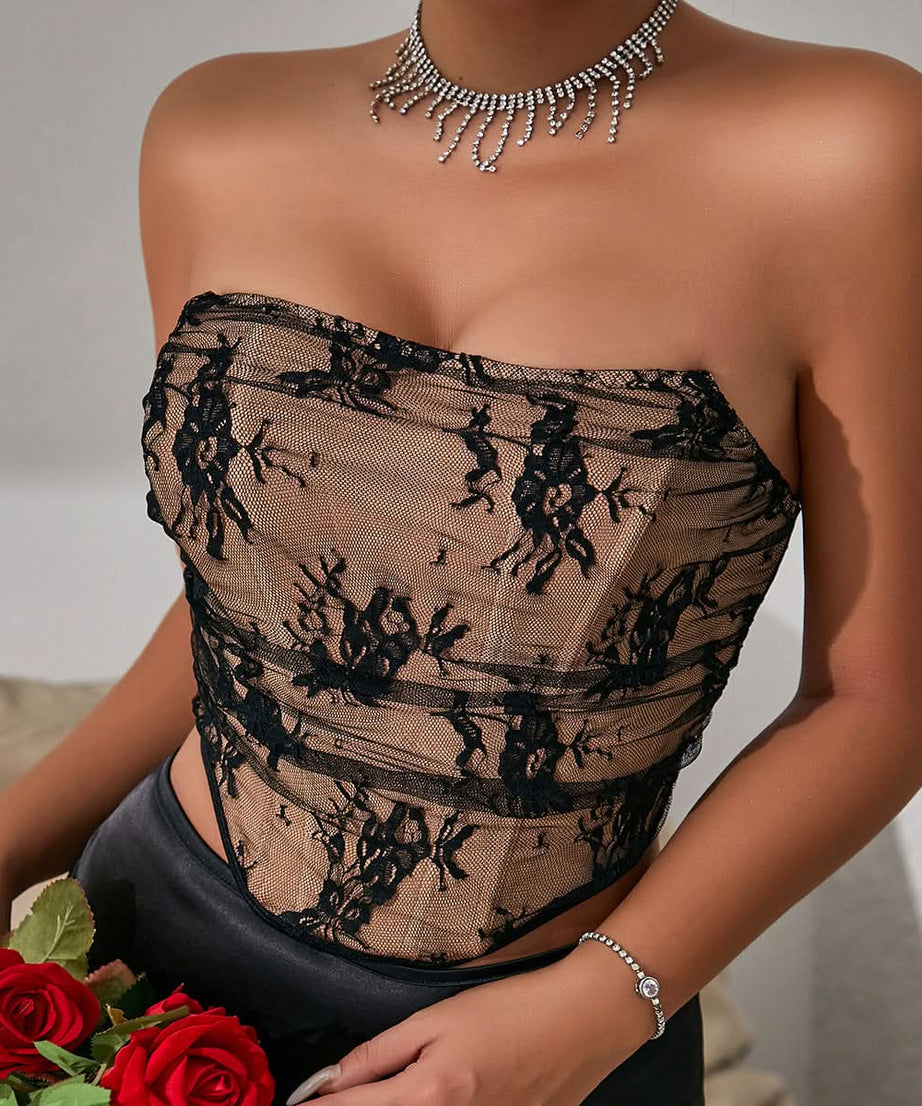 Sultry Black Lace Strapless Corset Top – Fall Date Night & Holiday Glamour