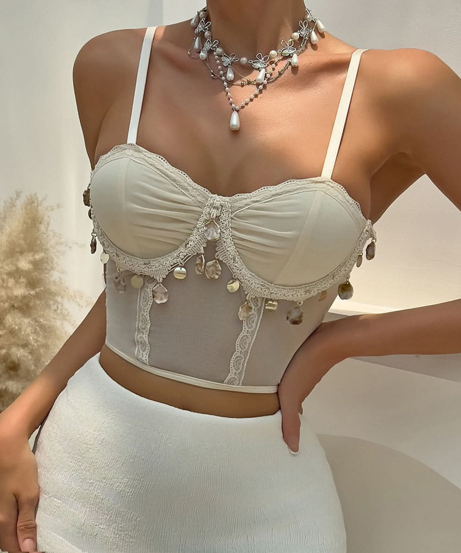 Ethereal Pearl & Crystal Adorned Mesh Bustier Top - Fall Romance
