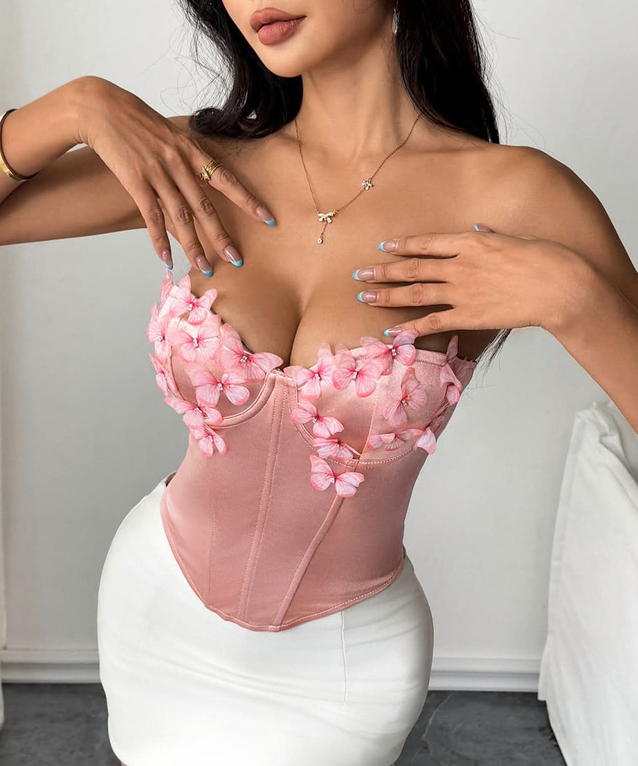 Enchanted Pink Butterfly Corset Top | Sweetheart Bustier for Fall & Holiday Parties