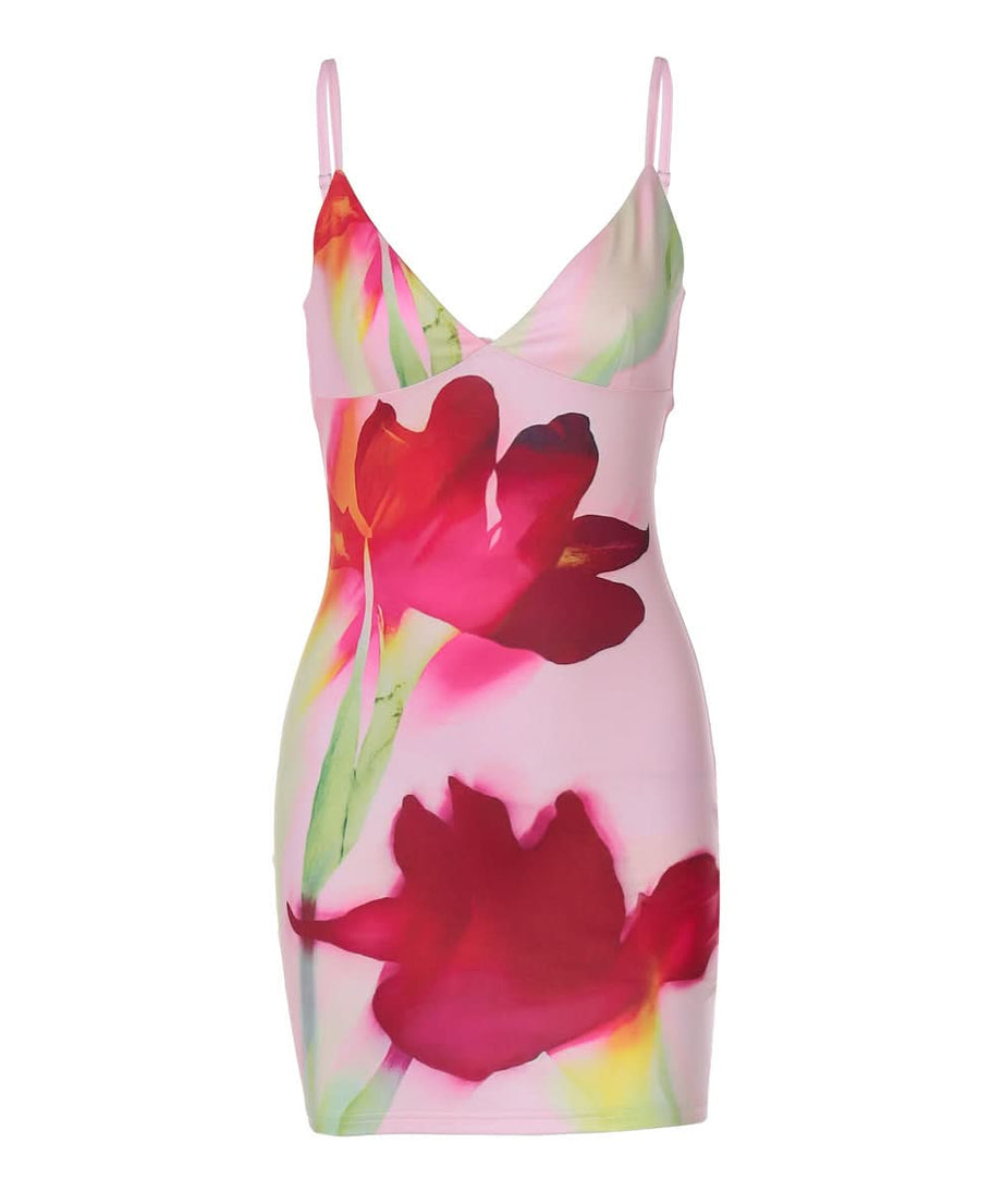 Vibrant Pink Floral Cami Mini Dress | V-Neck Bodycon for Fall Parties & Resort Getaways