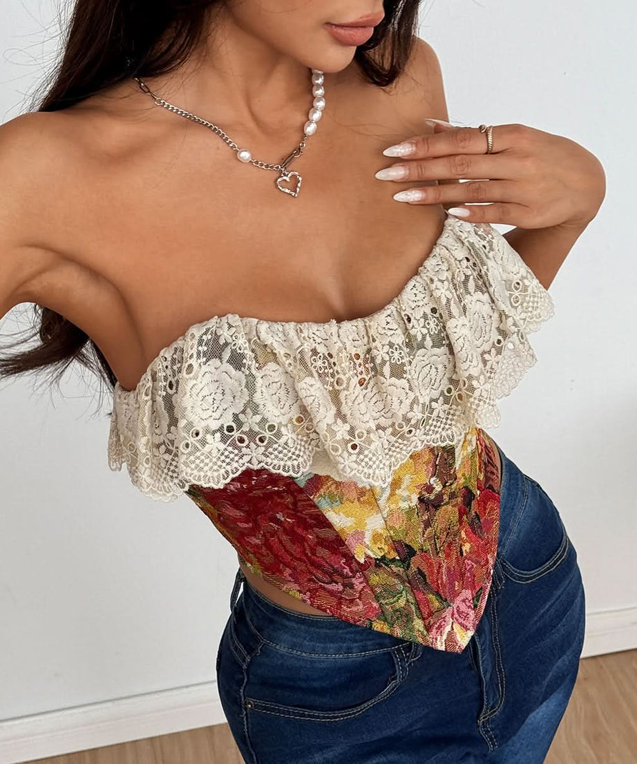 Romantic Fall Floral Corset Top with Delicate Ruffle Lace Trim