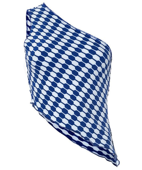 Sporty Chic Blue & White Hexagon One Shoulder Crop Top | Asymmetrical Fall Style for Women