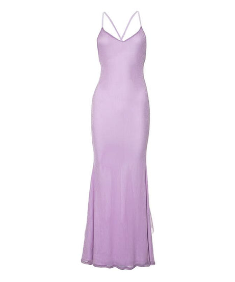 Sleek Lilac Shimmer Maxi Dress - V-Neck Cross-Back Gown for Fall Weddings & Holiday Parties
