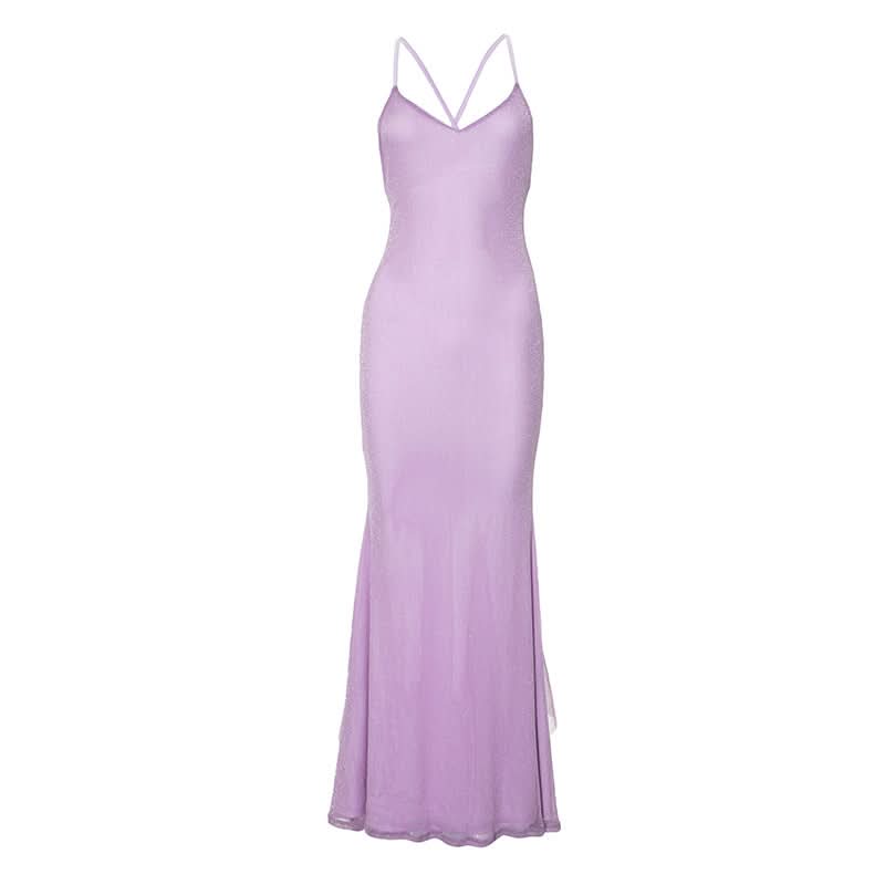Sleek Lilac Shimmer Maxi Dress - V-Neck Cross-Back Gown for Fall Weddings & Holiday Parties