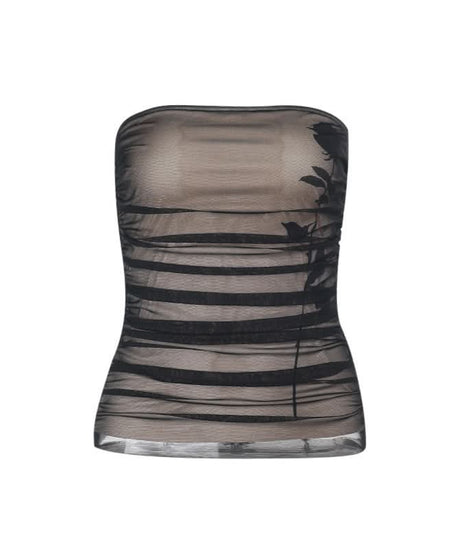 Alluring Ruched Mesh Strapless Top - Dark Floral Elegance for Fall & Holiday Glam