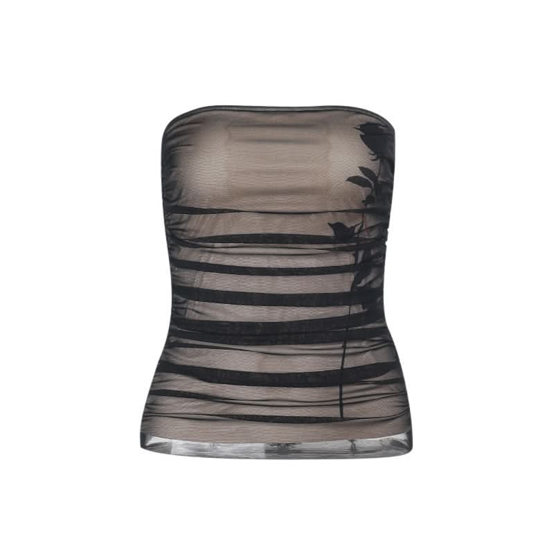 Alluring Ruched Mesh Strapless Top - Dark Floral Elegance for Fall & Holiday Glam