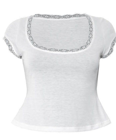 Autumn Whisper Lace-Trim Square Neck Tee - Soft & Stylish for Fall Layering