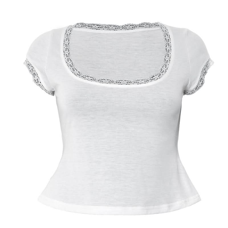 Autumn Whisper Lace-Trim Square Neck Tee - Soft & Stylish for Fall Layering