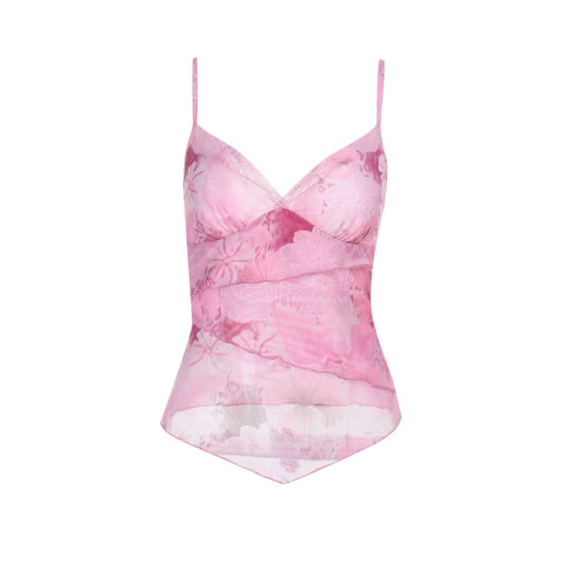 Dreamy Pink Floral Mesh Cami Top - V-Neck Layering for Chic Fall Style