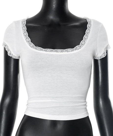 Autumn Whisper Lace-Trim Square Neck Tee - Soft & Stylish for Fall Layering