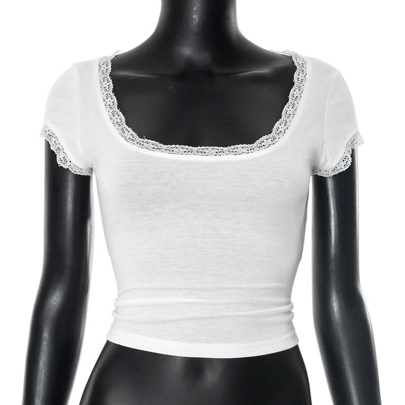 Autumn Whisper Lace-Trim Square Neck Tee - Soft & Stylish for Fall Layering