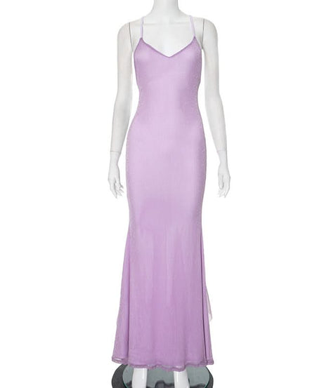 Sleek Lilac Shimmer Maxi Dress - V-Neck Cross-Back Gown for Fall Weddings & Holiday Parties