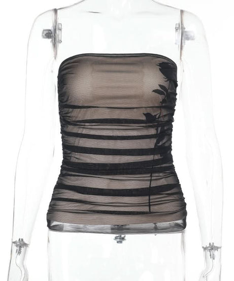 Alluring Ruched Mesh Strapless Top - Dark Floral Elegance for Fall & Holiday Glam