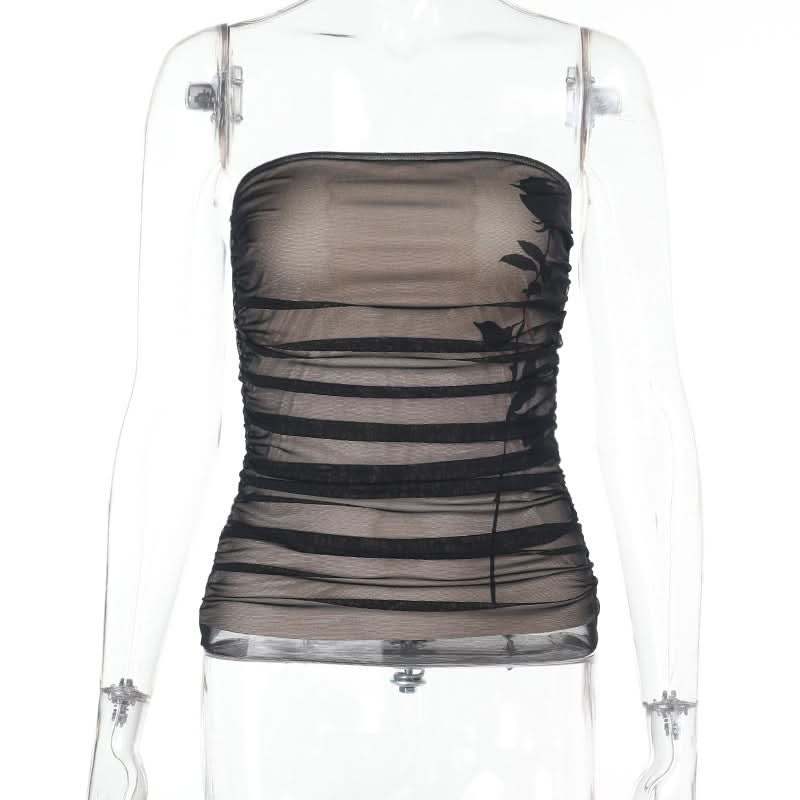 Alluring Ruched Mesh Strapless Top - Dark Floral Elegance for Fall & Holiday Glam