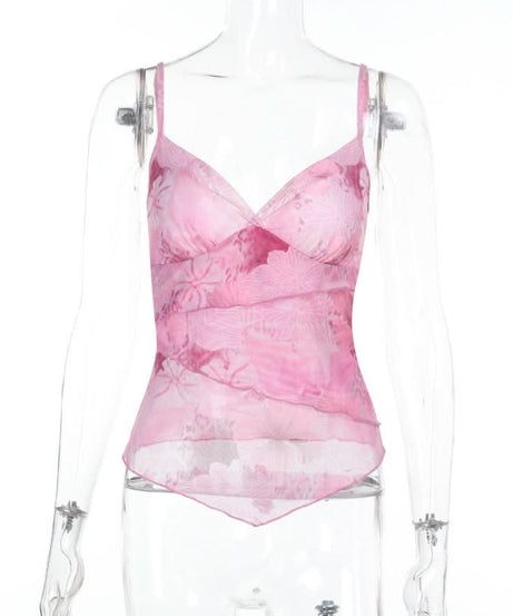 Dreamy Pink Floral Mesh Cami Top - V-Neck Layering for Chic Fall Style